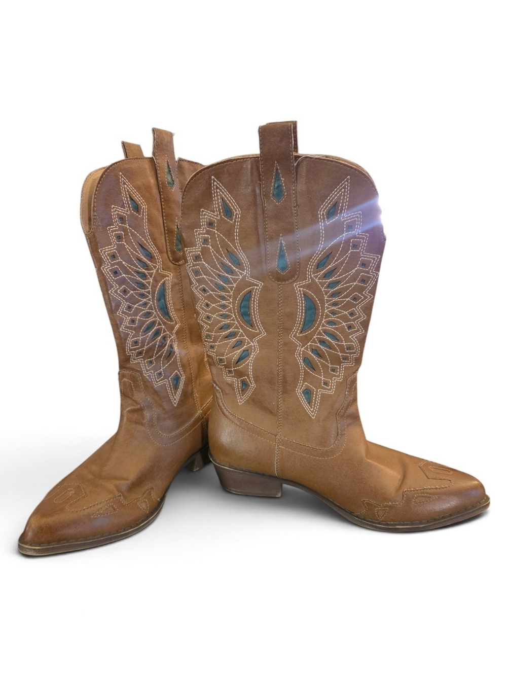 Brown Western Cowboy Boots with Teal Inlay